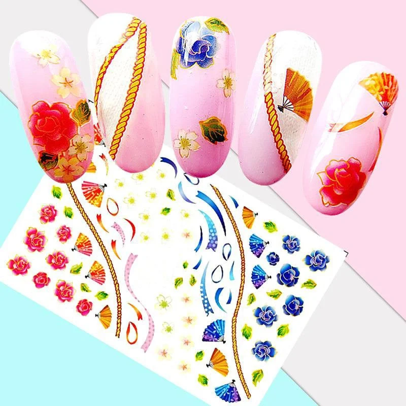 Holographic nail varnish-Rainbow Colorful Orange Blue Navy Pink Yellow Flowers Hand Fans Ropes