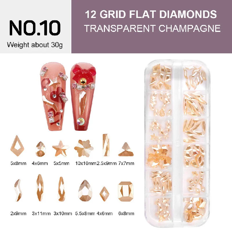 Satin nail gel finish-12 Grids Flat Diamonds Rhinestones #10 Transparent Champagne