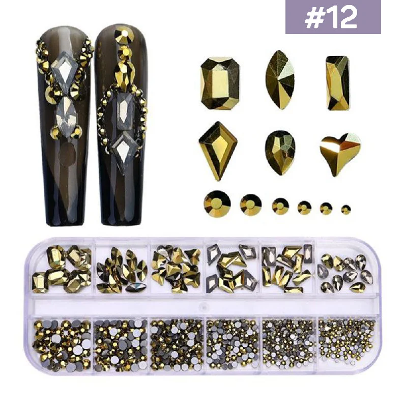 Matte nail gel topper-12 Grids Flatback Rhinestones RB-12 Mine Gold