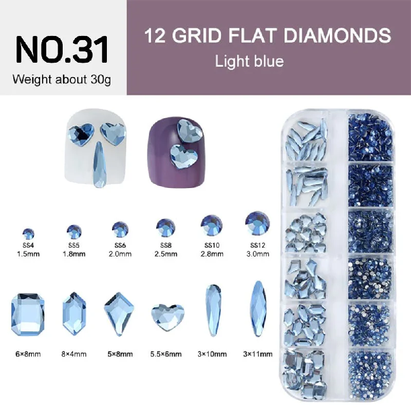 Strengthening nail base coat-12 Grids Flat Diamonds Rhinestones #31 Light Blue