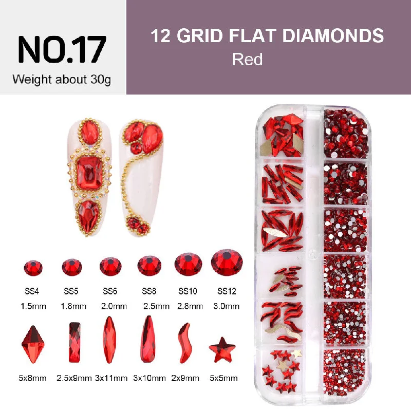 Bright nail polish colors-12 Grids Flat Diamonds Rhinestones #17 Red