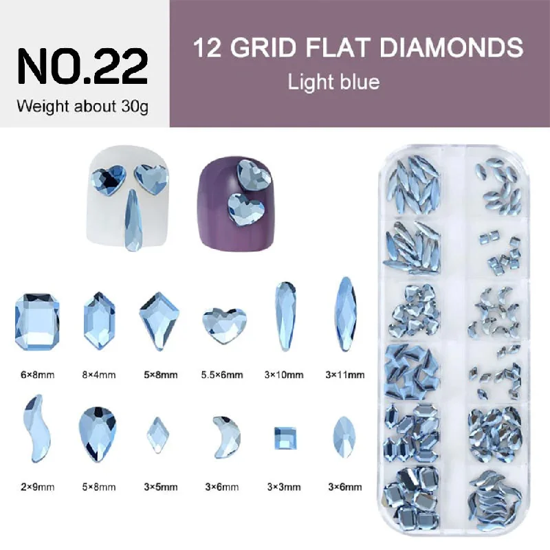 Vibrant nail gel shades-12 Grids Flat Diamonds Rhinestones #22 Light Blue