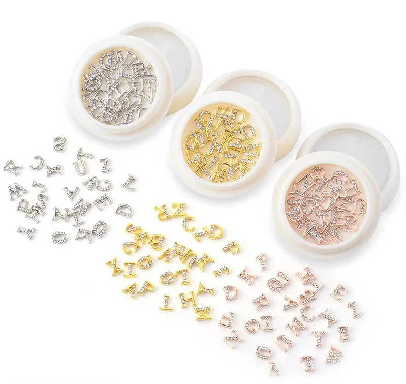 Organic nail remover pads-Nail Charm Letters Rhinestone Gold Silver Rosegold 26pcs/Jar