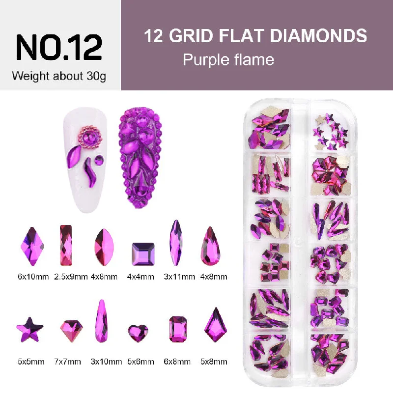 Moisturizing nail remover-12 Grids Flat Diamonds Rhinestones #12 Purple Flame