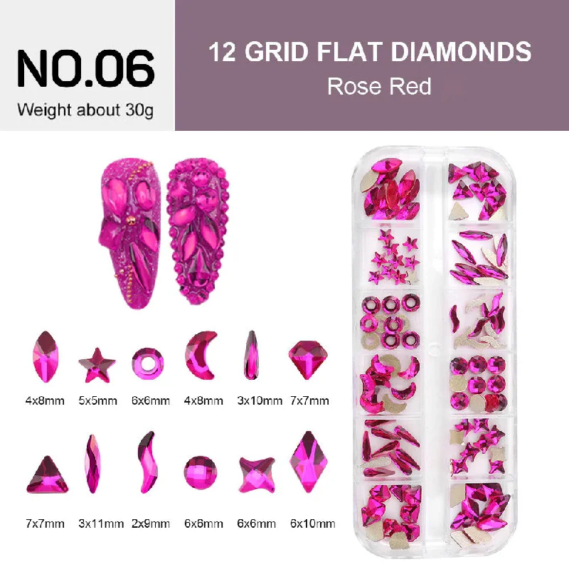 Vegan nail polish remover-12 Grids Flat Diamonds Rhinestones #06 Rose Red