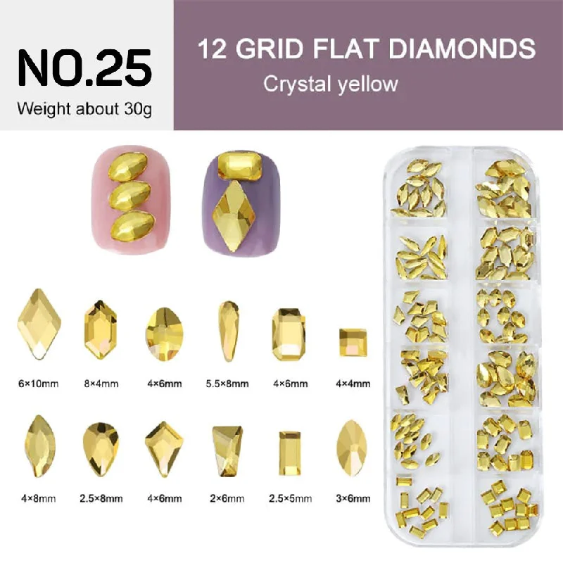 Anti-chip nail topper-12 Grids Flat Diamonds Rhinestones #25 Crystal Yellow