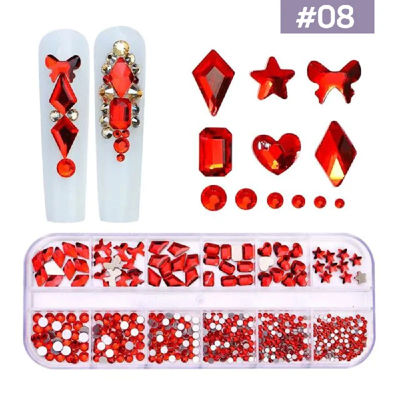 Bold red nail polish-12 Grids Flatback Rhinestones RB-08 Red