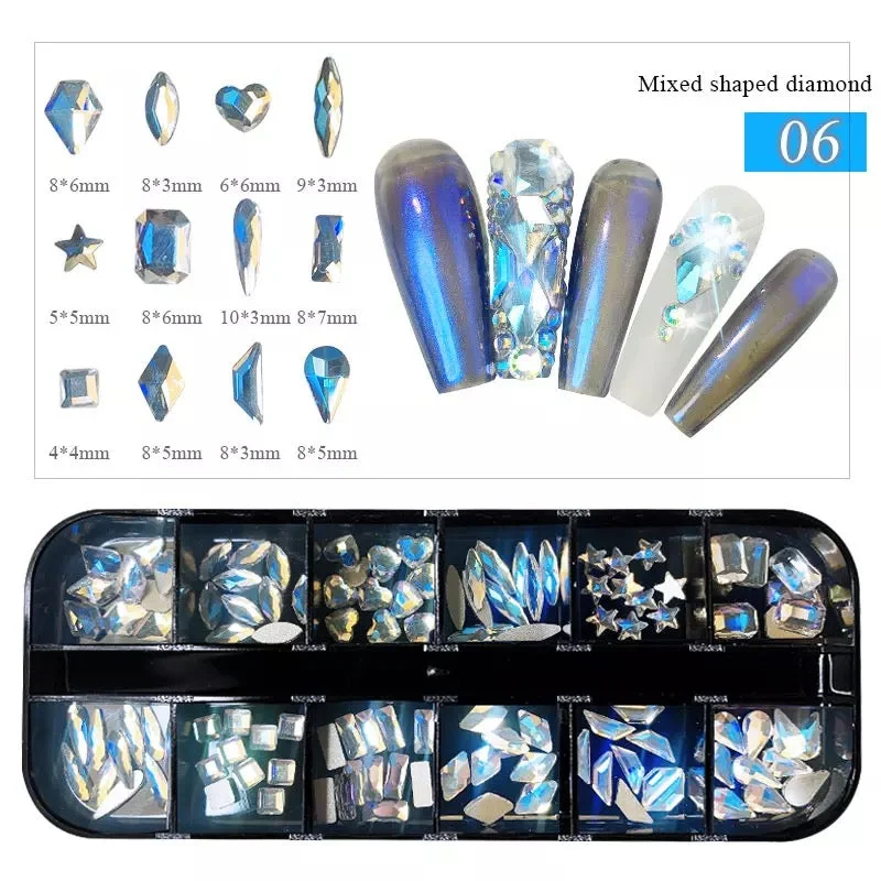 Portable nail storage case-Crytal AB Opal Rhinestone Mix Shaped #6