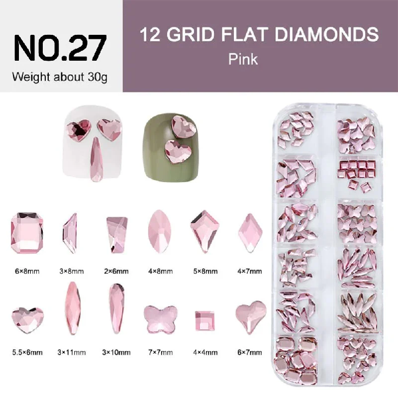 Multi-color nail gel polish-12 Grids Flat Diamonds Rhinestones #27 Pink