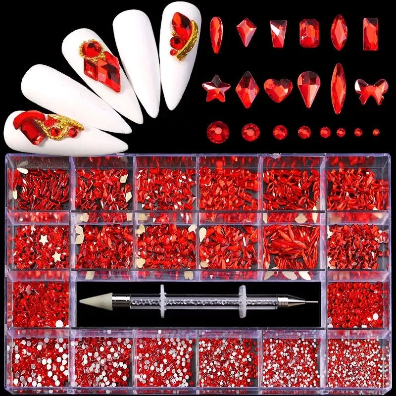 Neon nail polish for summer-Luxury Red Rhinestone Kit RH009