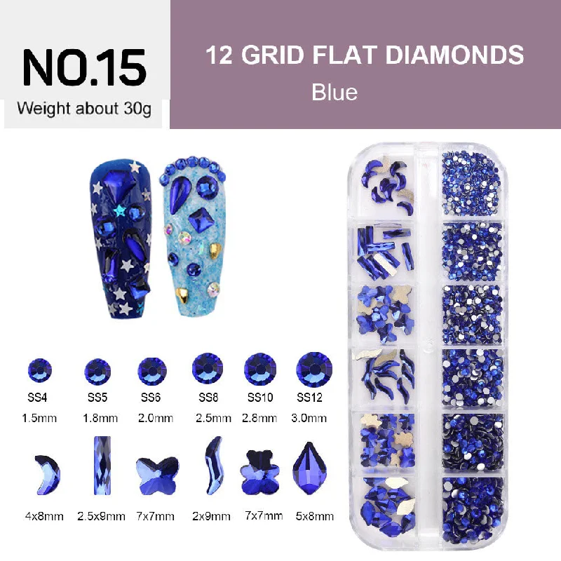 Scented nail gel polish-12 Grids Flat Diamonds Rhinestones #15 Blue