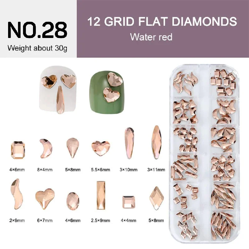 Pastel nail gel tones-12 Grids Flat Diamonds Rhinestones #28 Rose