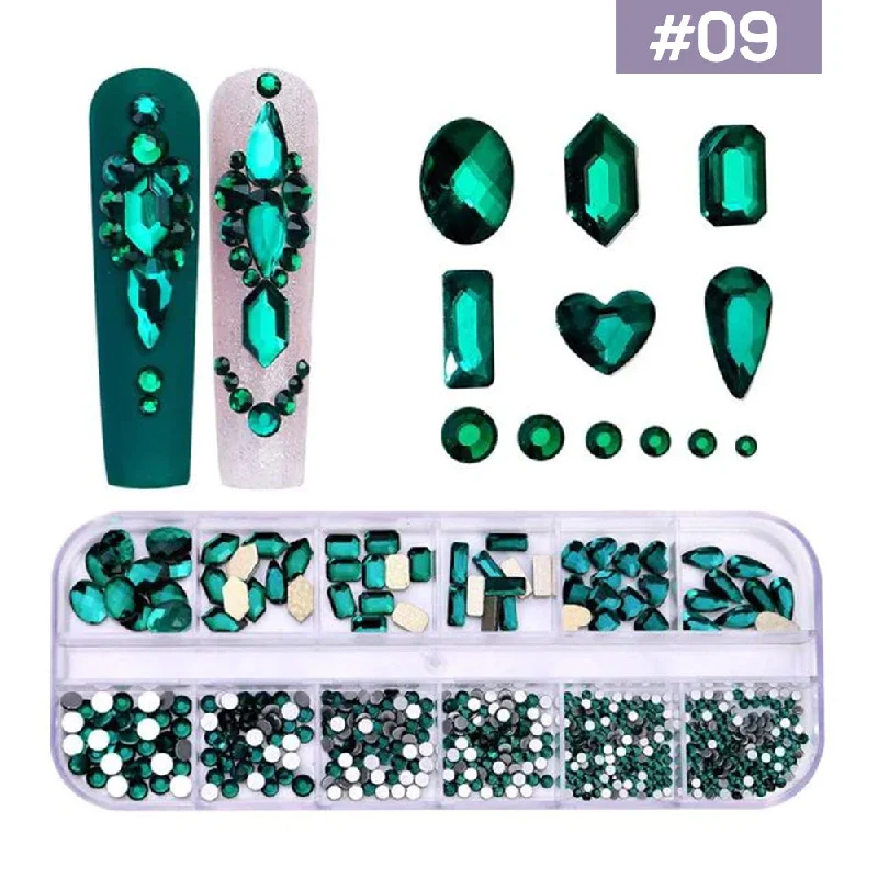 Strong-hold nail glue-12 Grids Flatback Rhinestones RB-09 Green