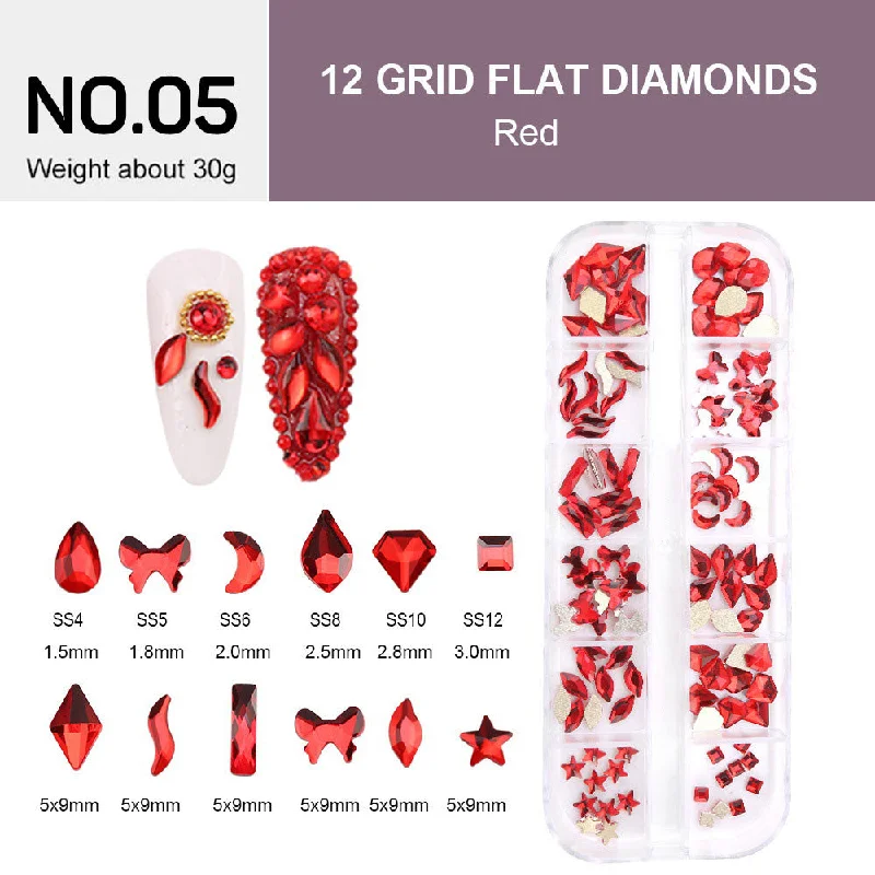 Breathable nail varnish-12 Grids Flat Diamonds Rhinestones #05 Red