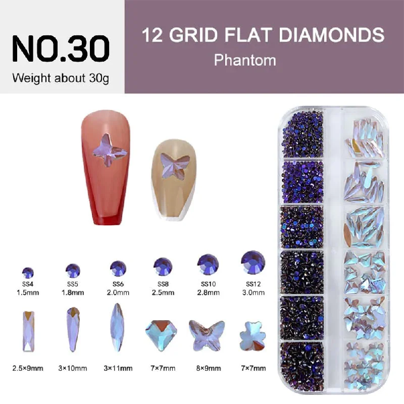 Quick-dry nail top coat-12 Grids Flat Diamonds Rhinestones #30 Phantom