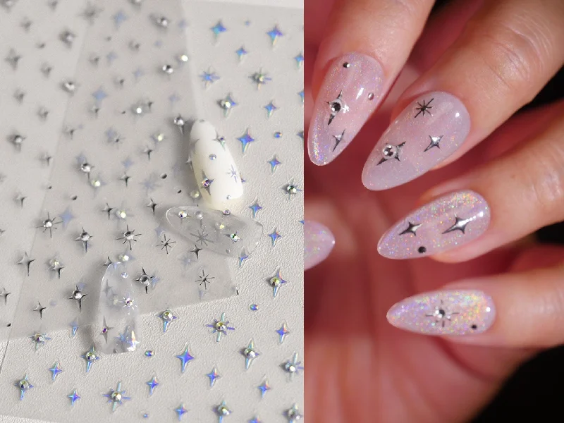 Soft nail polish finish-Gilding Silver Halo Crystals Stars Nail Stickers