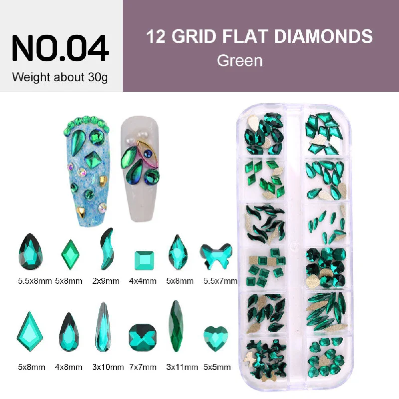 Cordless UV nail lamp-12 Grids Flat Diamonds Rhinestones #04 Green