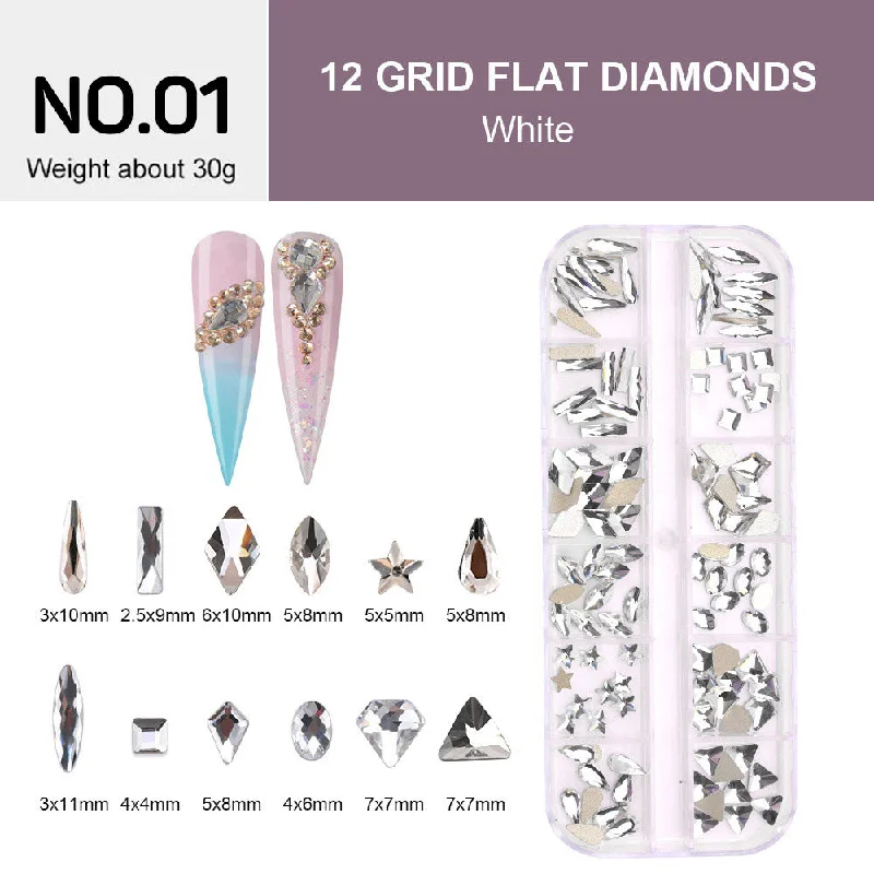 UV-resistant nail gel-12 Grids Flat Diamonds Rhinestones #01 White