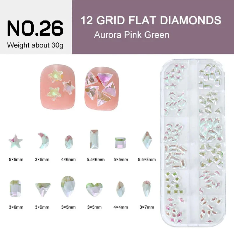 Salon-quality nail dip sets-12 Grids Flat Diamonds Rhinestones #26 Aurora Pink Green