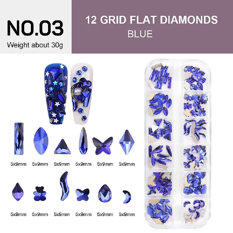 Two-tone nail gel polish-12 Grids Flat Diamonds Rhinestones #03 Blue